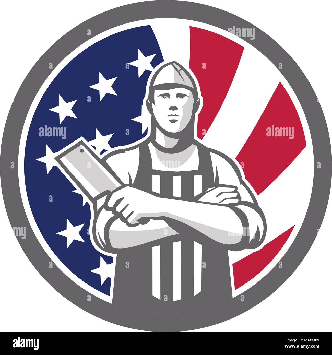 Symbol Retro Stil Abbildung der Amerikanischen Schlächter Arme gekreuzt mit einem Fleisch Cleaver von vorne gesehen mit den Vereinigten Staaten von Amerika USA star spangl Stock Vektor