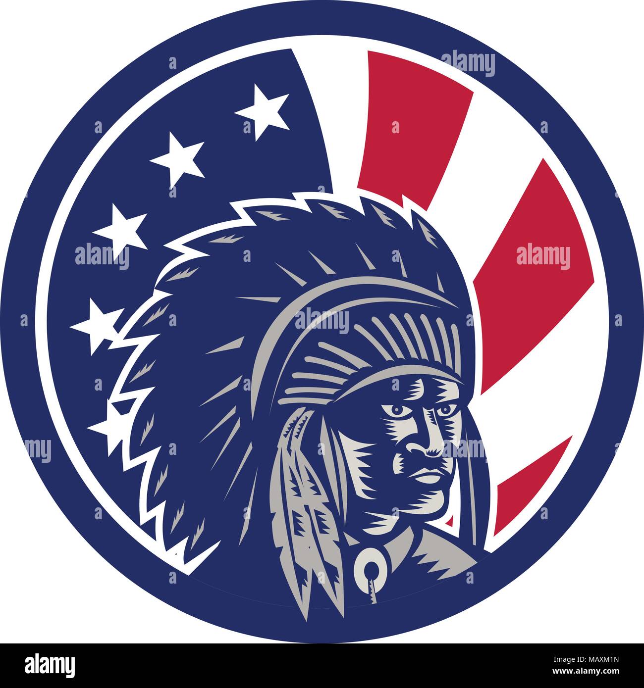 Symbol Retro Stil Abbildung: Native American Indian Chief tragen War bonnet, ein Gefiederter Kopfbedeckung mit Vereinigten Staaten von Amerika USA Star Spangled Stock Vektor