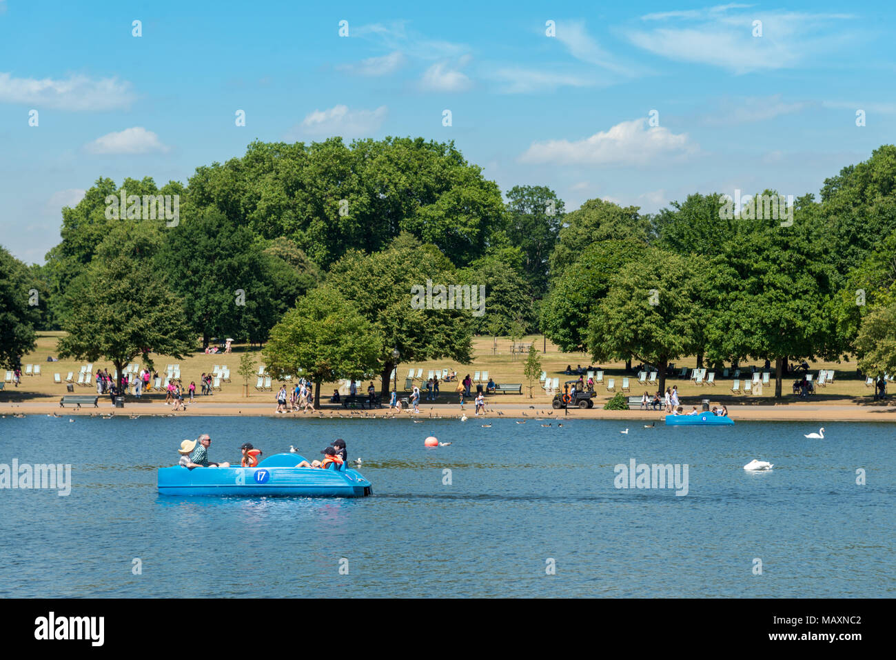 Tretboote auf dem Serpentine, Hyde Park, London, UK Stockfoto