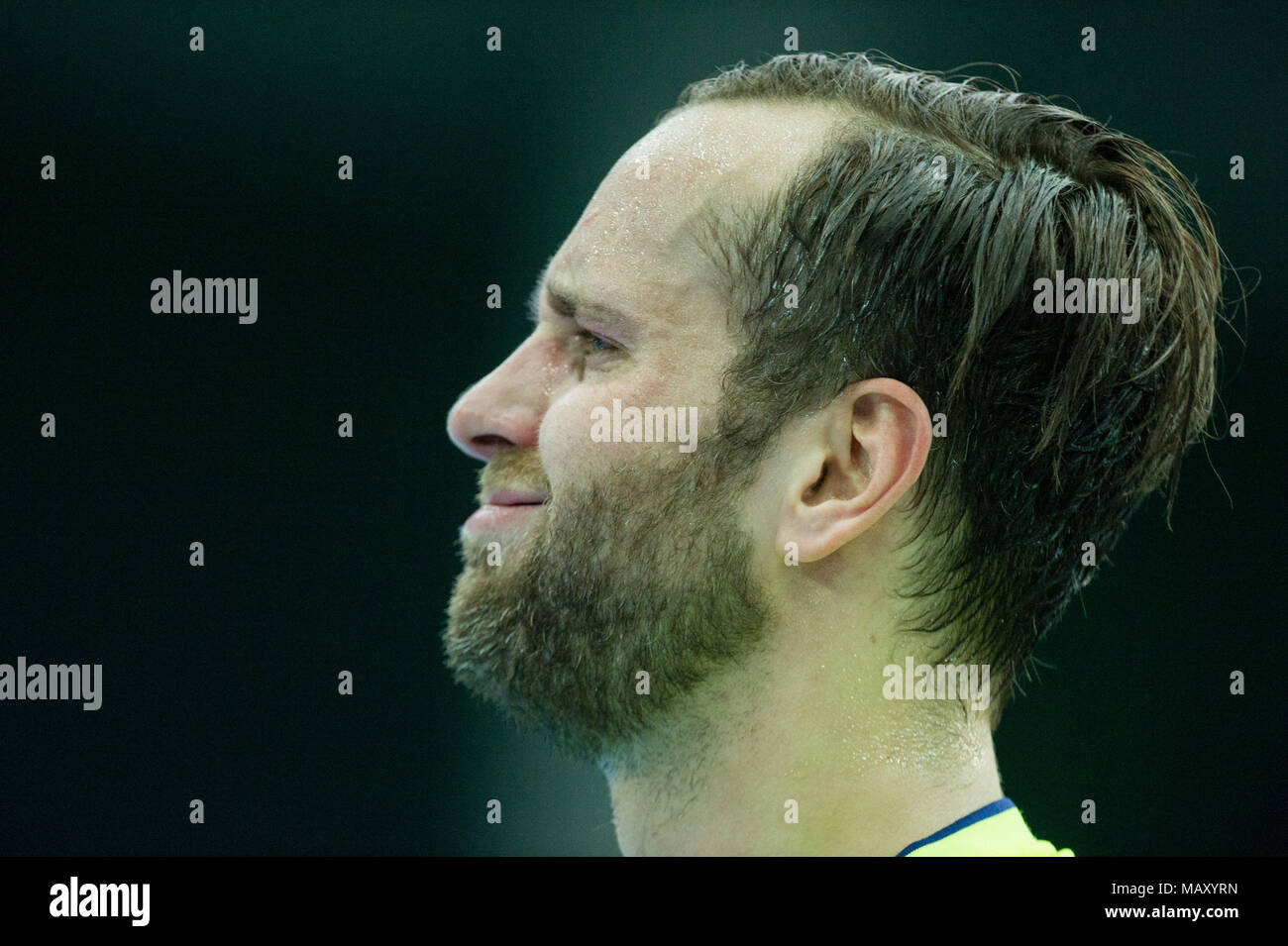 Leipzig, Deutschland. 04 Apr, 2018. goalwart Silvio HEINEVETTER (GER), Portraet, Portr t, Porträt, Nahaufnahme, Mimik, Handball Laenderspiel der Maenner, Freundschaftsspiel, Deutschland (GER) - Serbien (SRB), in Leipzig/Deutschland, 04.04.2018. | Verwendung der weltweiten Kredit: dpa/Alamy leben Nachrichten Stockfoto