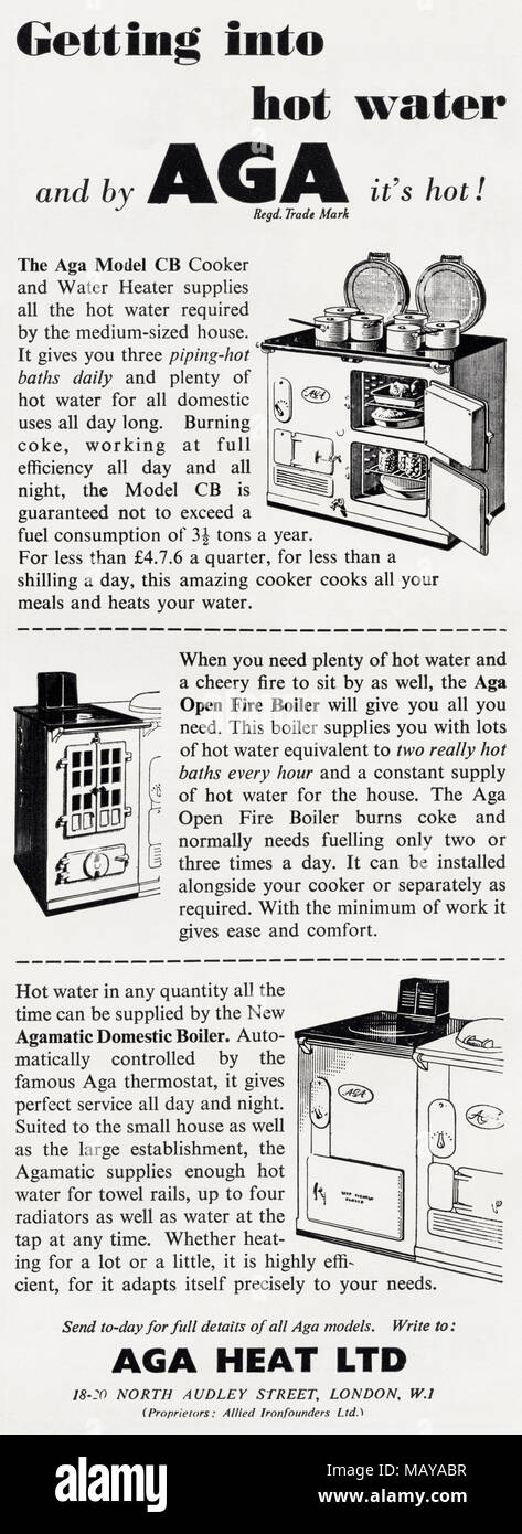 1950s original alten Vintage Werbung Werbung AGA-Herd zum Kochen & Wasser  Heizung in Englisch Magazin ca. 1951 Stockfotografie - Alamy