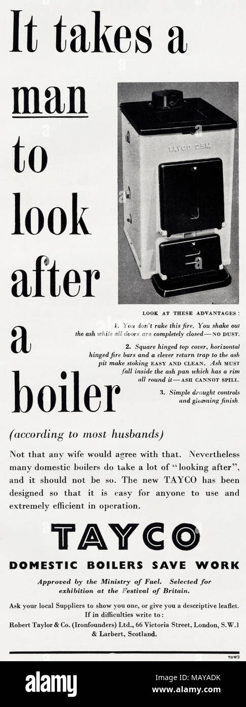 1950s original alten Vintage Werbung Werbung Tayco Heizkessel für feste  Brennstoffe für Heizung und Warmwasser UK in Englisch Magazin ca. 1951  Stockfotografie - Alamy