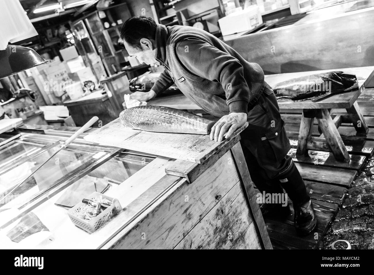 Tokio, Japan. Erwachsenen Arbeitnehmer schneiden Thunfisch in Tsukiji Fischmarkt am frühen Morgen. Stockfoto