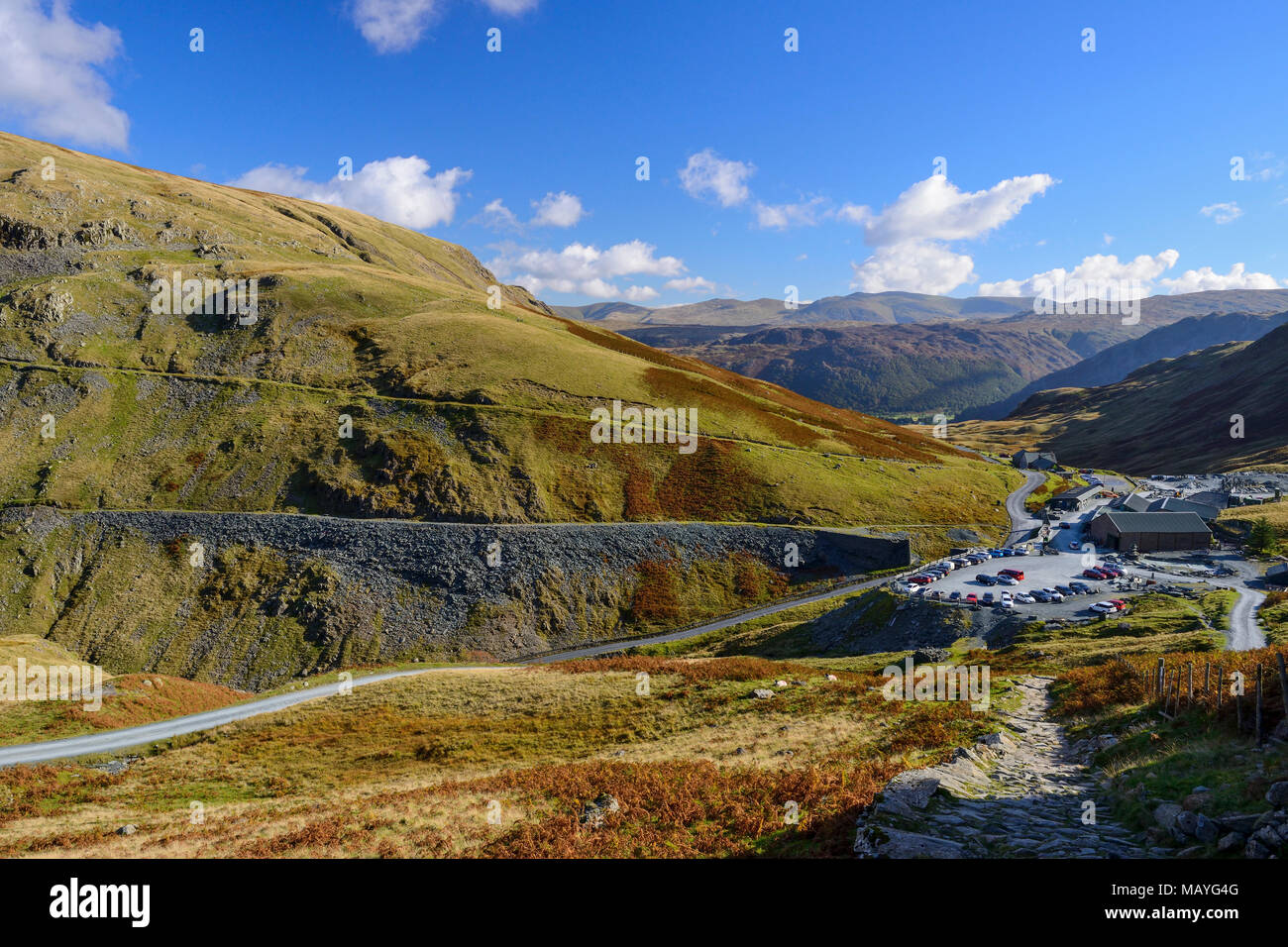 Blick auf honister Schiefergrube in Honister Pass von Fußweg zu Fleetwith Hecht im Nationalpark Lake District in Cumbria, England Stockfoto