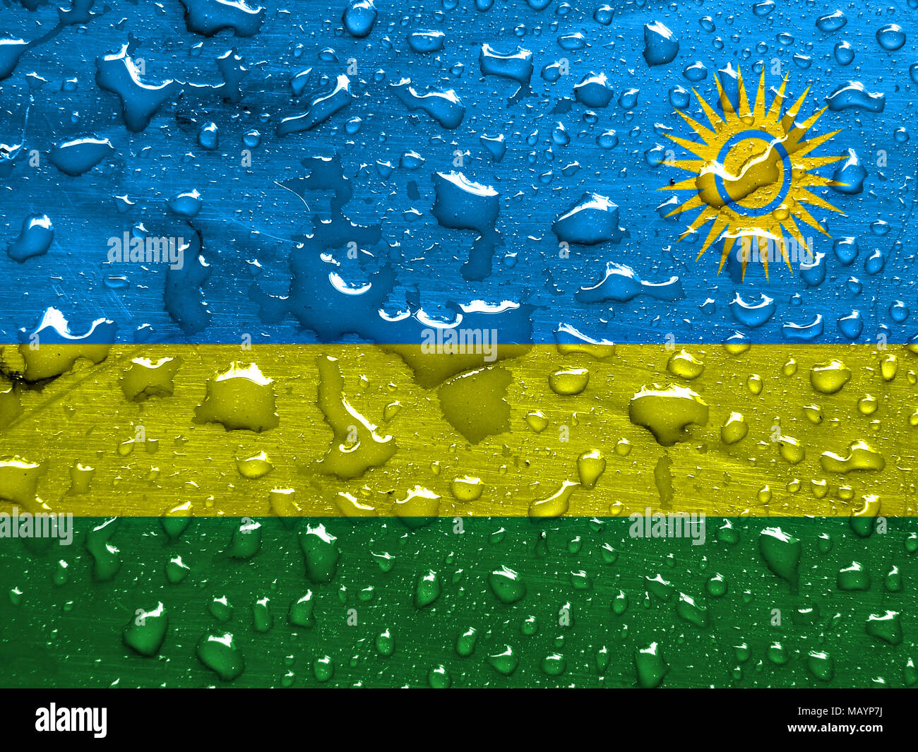 Flagge von Ruanda mit Regentropfen Stockfoto