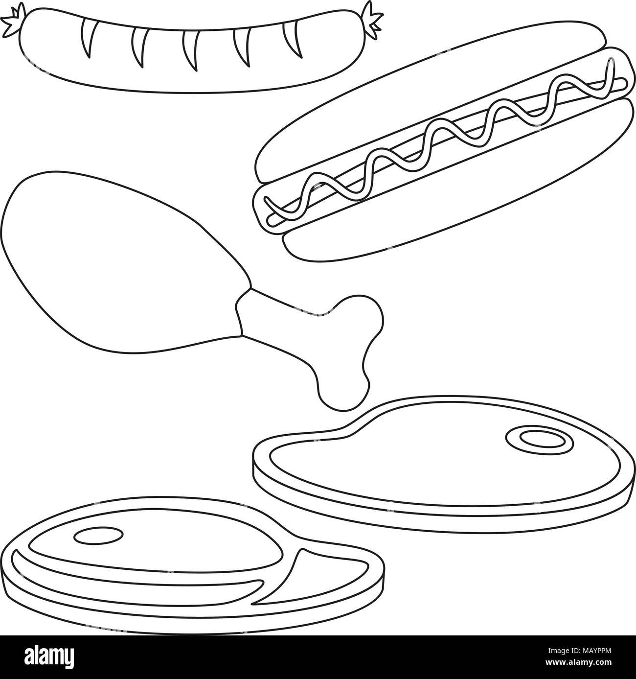 Line Art schwarz und weiß BBQ-Fleisch. Kochen Vector Illustration für Geschenkkarte Zertifikat, Aufkleber, Abzeichen, Zeichen, Stempel, Logo, Beschriftung, Symbol, Poster, p Stock Vektor
