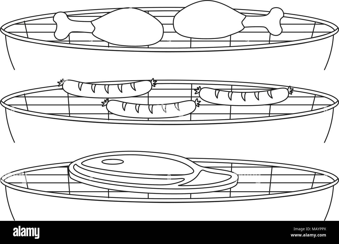 Line Art schwarz und weiß BBQ Grill Kühlergrill. Hühnerbein wurst Steak Fleisch. Kochen Vector Illustration für Geschenkkarte Zertifikat, Aufkleber, Abzeichen, Zeichen, Stock Vektor