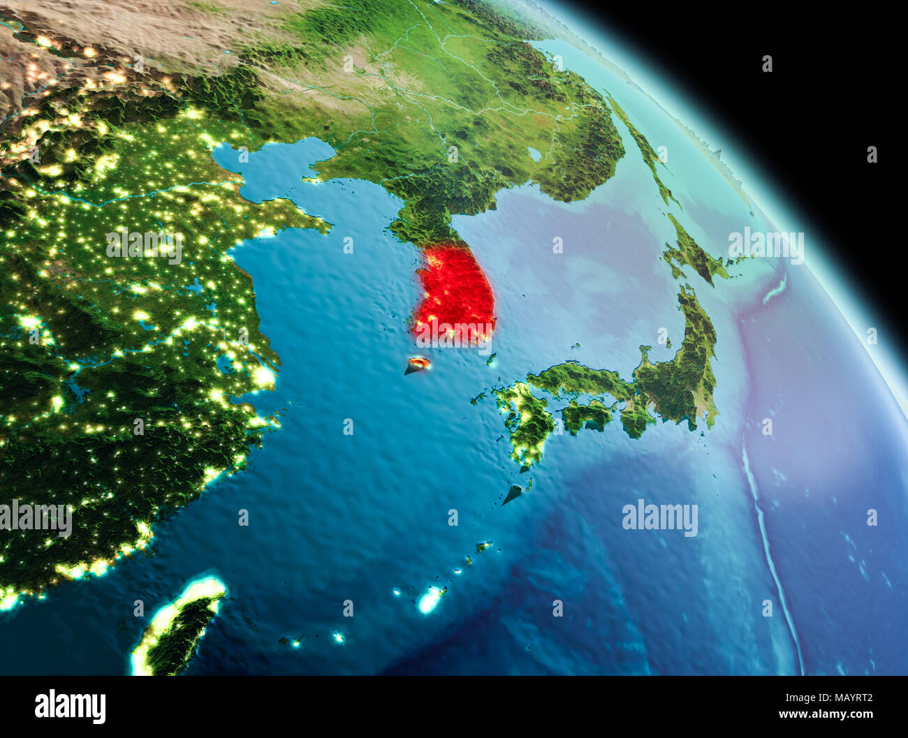 Sat-morgen Aussicht auf South Korea in Rot hervorgehoben auf dem Planeten Erde. 3D-Darstellung. Elemente dieses Bild von der NASA eingerichtet. Stockfoto