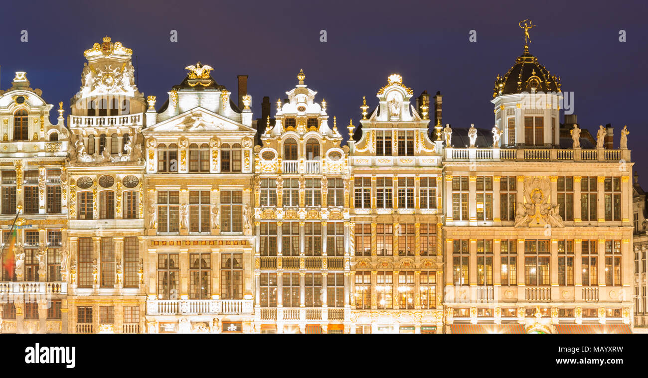 Barocke Fassade Häuser am Grand-Place Grote Markt bei Nacht, Brüssel, Belgien Stockfoto
