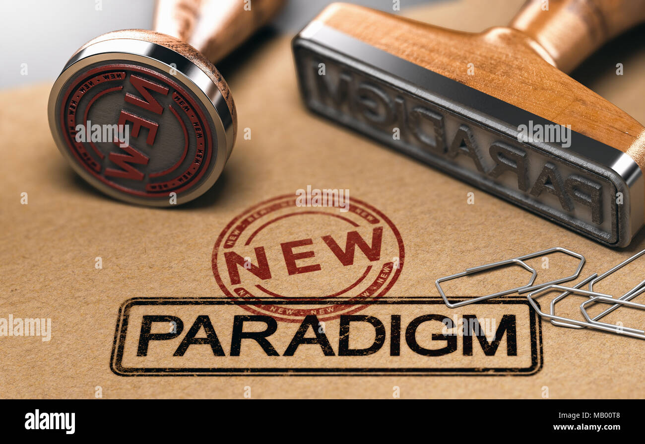 Gummistempel mit den Worten neue und Paradigma in braunem Papier Hintergrund. 3D-Darstellung Stockfoto