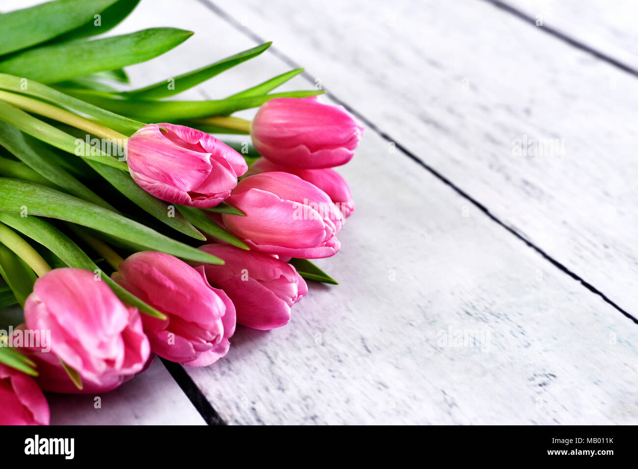 Rosa Tulpen oder Tulip Blumenstrauß auf einem Holztisch. Frühling Hintergrund mit frischen Blumenstrauß und Kopieren. Dekorative Sommer Hintergrund. Stockfoto