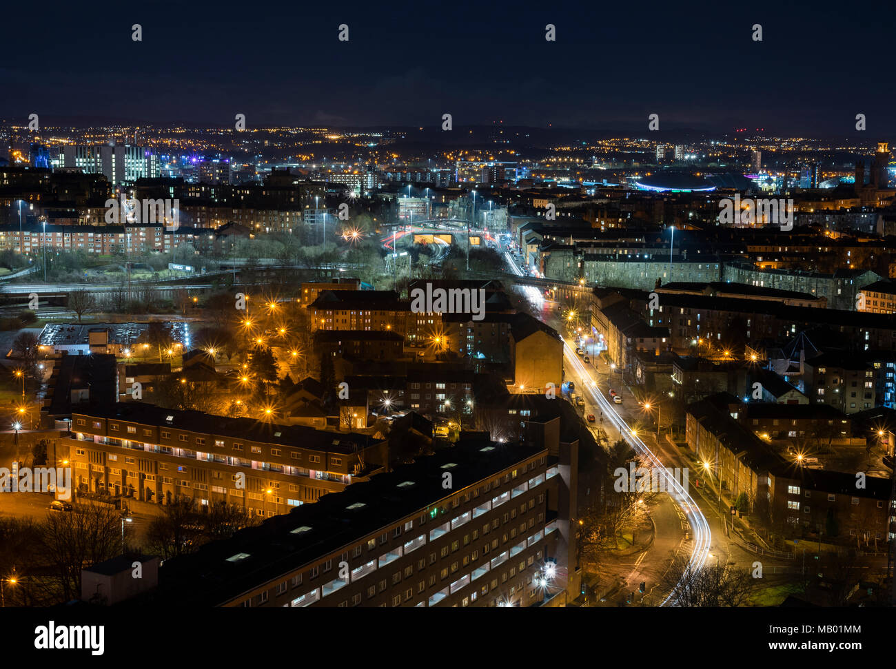 Nacht Luftbild von Glasgow, Schottland Stockfoto