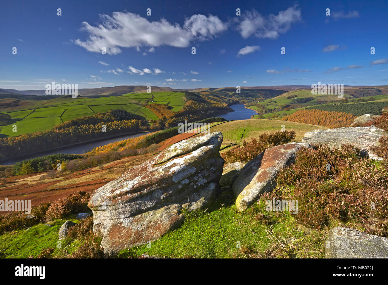 Die obere Derwent Valley von Whinstone Lee Tor auf Derwent Rand gesehen im Spätherbst. Stockfoto
