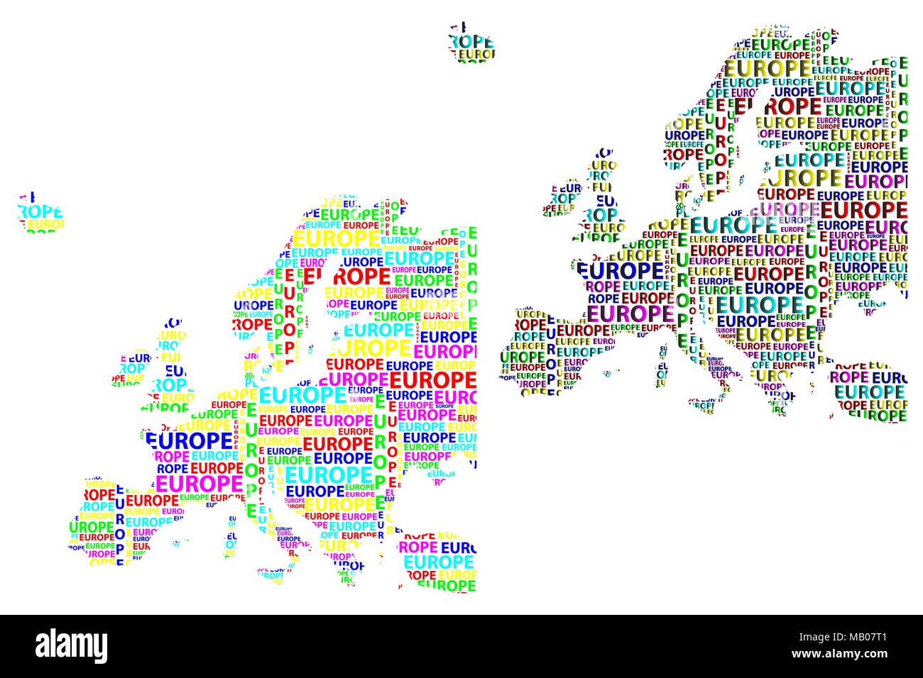 Skizze Europa schreiben Text Kontinent, Europa Wort - in der Form des Kontinents, Karte von Kontinent Europa-color Vector Illustration Stock Vektor