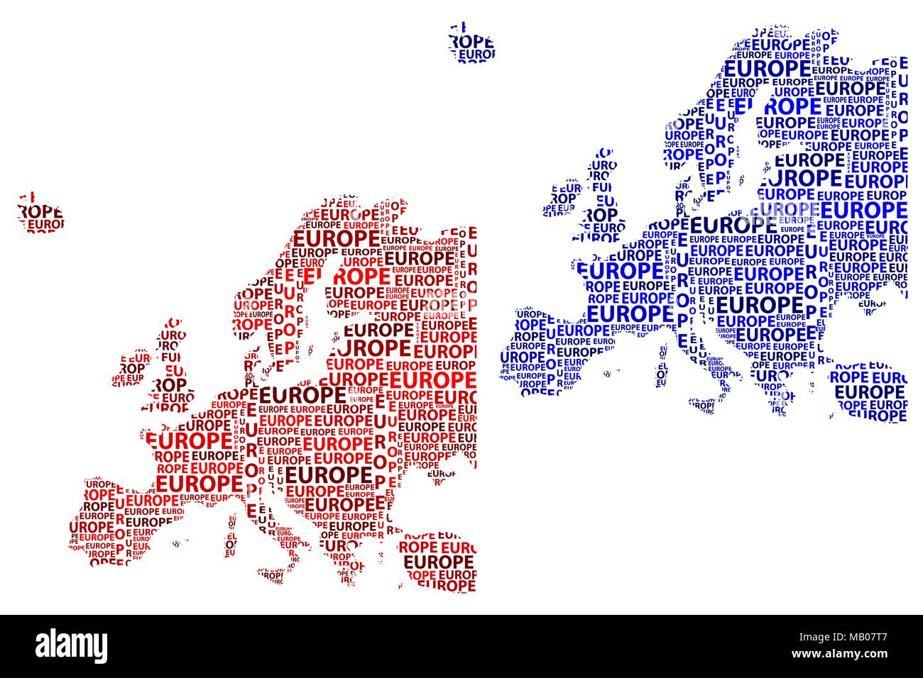 Skizze Europa schreiben Text Kontinent, Europa Wort - in der Form des Kontinents, Karte von Kontinent Europa - Rot und Blau Vector Illustration Stock Vektor