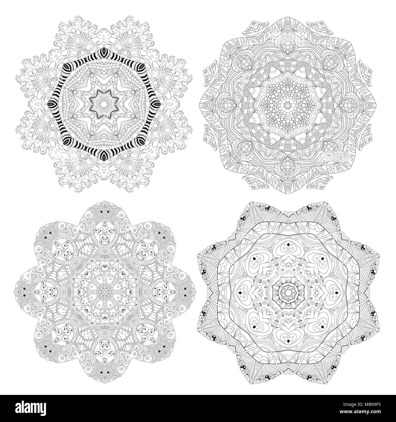Vektor nach Malbuch Texturen. Handgemalte Kunst Design. Nach Anti-stress-Färbung. Schwarze und weiße Hand gezeichnet Abbildung 4 Mandal Stock Vektor