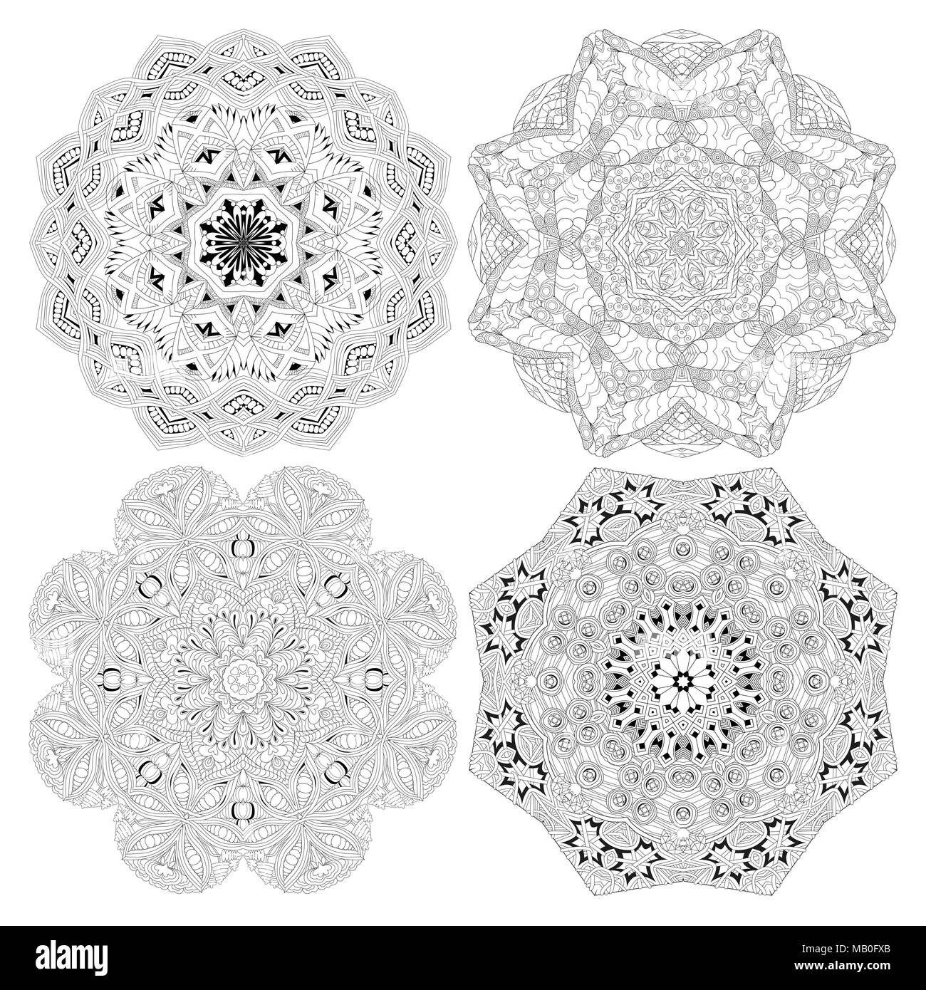 Vektor nach Malbuch Texturen. Handgemalte Kunst Design. Nach Anti-stress-Färbung. Schwarze und weiße Hand gezeichnet Abbildung 4 Mandal Stock Vektor