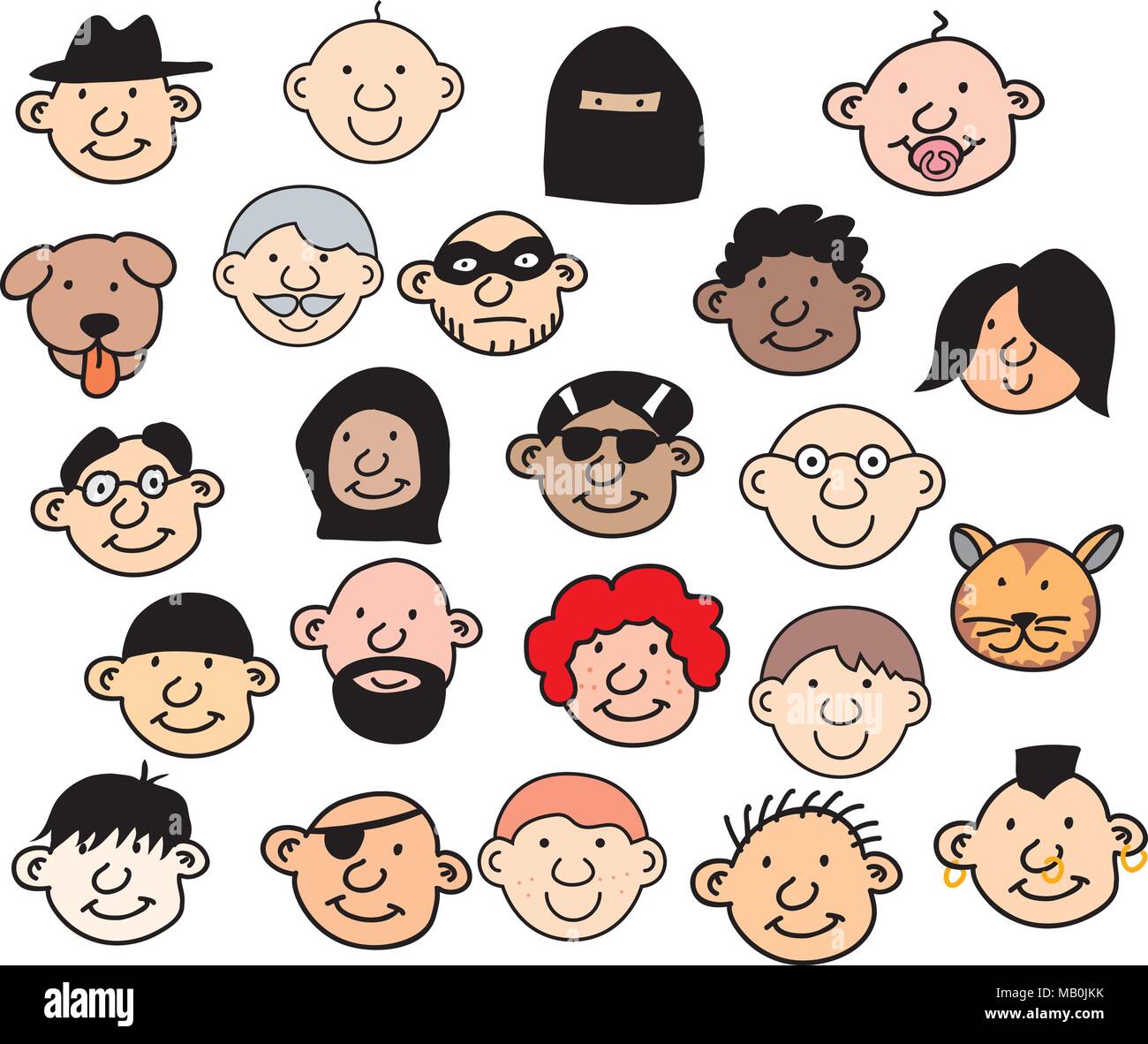 Sammlung von glücklichen Menschen Köpfe isoliert Abbildung. Lächelnde Männer und Frauen verschiedener Nationalitäten, Vektor multikulturelle Gesellschaft Konzept Stock Vektor