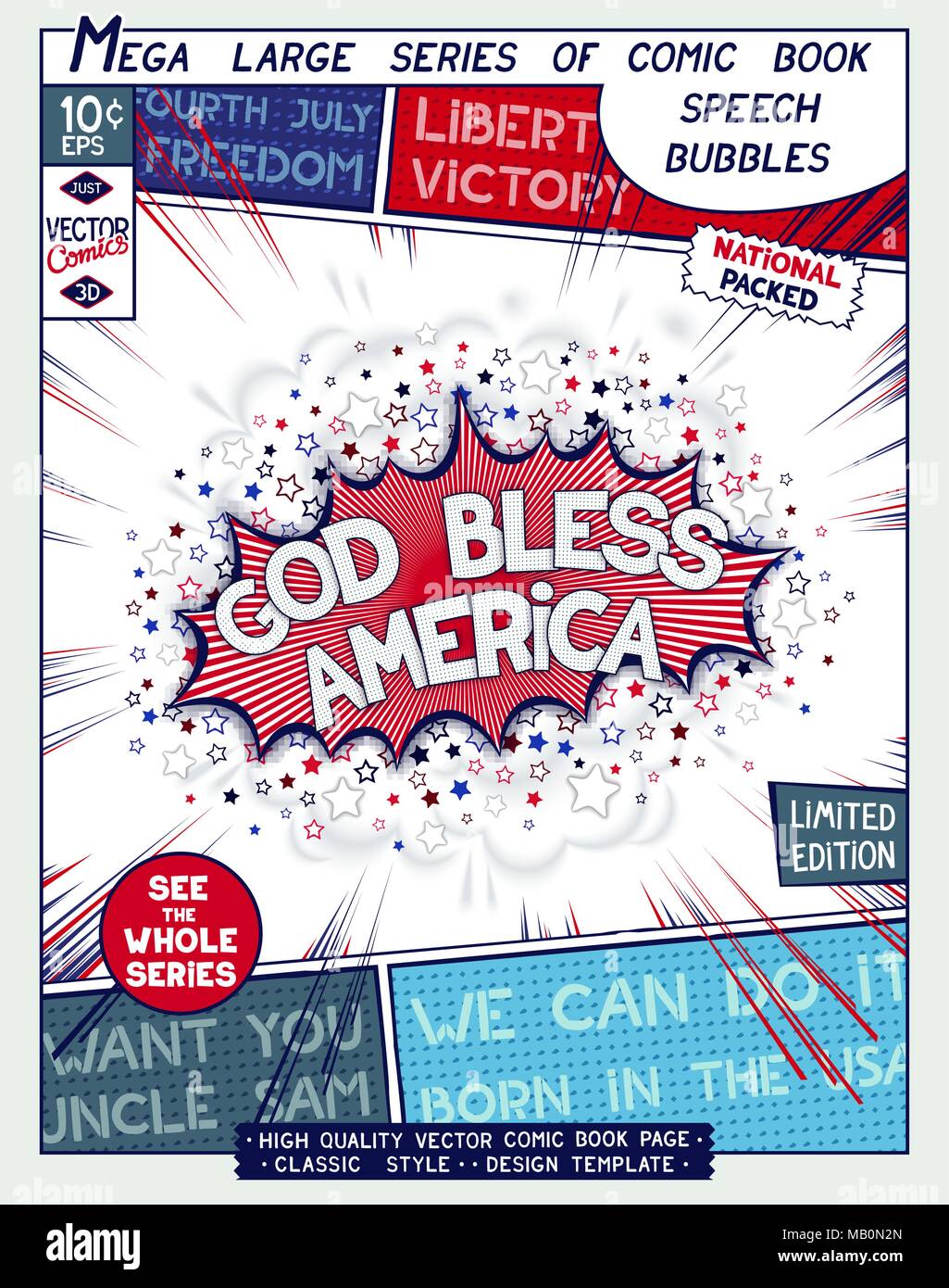Gott Amerika segnen. Motivation Slogan. Plakat design im Stil von Comics Buch. Sprechblase mit Linien- und 3D-Explosion. Vector Illustration Stock Vektor