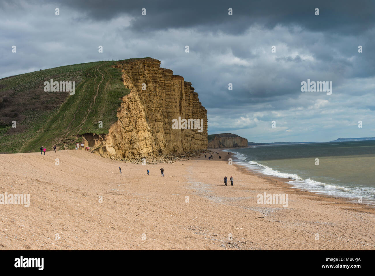 Fossilienjäger und Spaziergänger in West Bay, Dorset Stockfoto