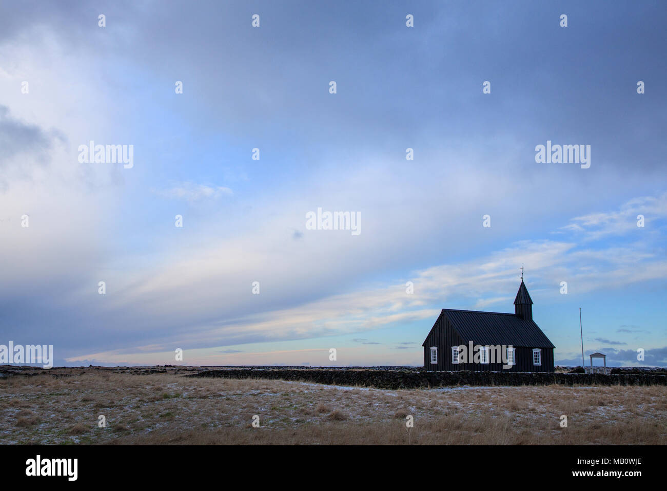 Budir, Europa, Insel, Kirche, Landschaften, Licht Stimmung, Snaefellsnes, Sunrise, Vulkan Insel, winter Stockfoto