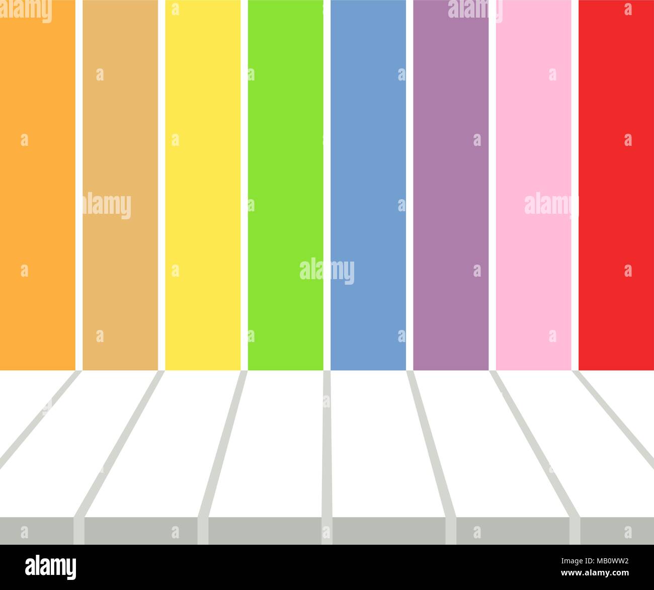 Leere weiße Tischplatte Display über bunte Streifen Hintergrund. Vector Illustration, EPS 10. Stock Vektor