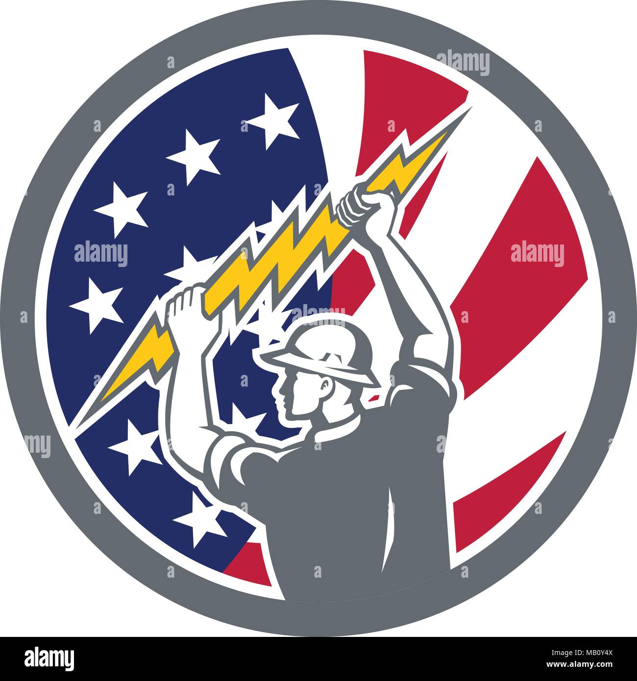 Symbol Retro Stil Abbildung der Amerikanischen Elektriker, störungssucher Holding Blitz und Vereinigte Staaten von Amerika USA Star Spangled Banner Sterne und Stock Vektor