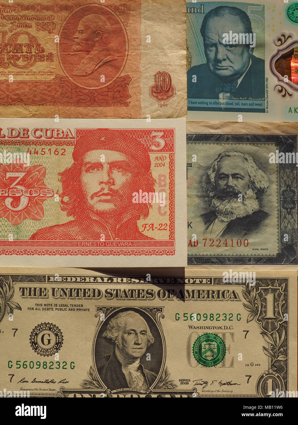 WASHINGTON DC, USA - ca. Januar 2018: Portraits von berühmten Politiker auf Banknoten einschließlich Lenin, Churchill, Che Guevara, Marx und Washington Stockfoto