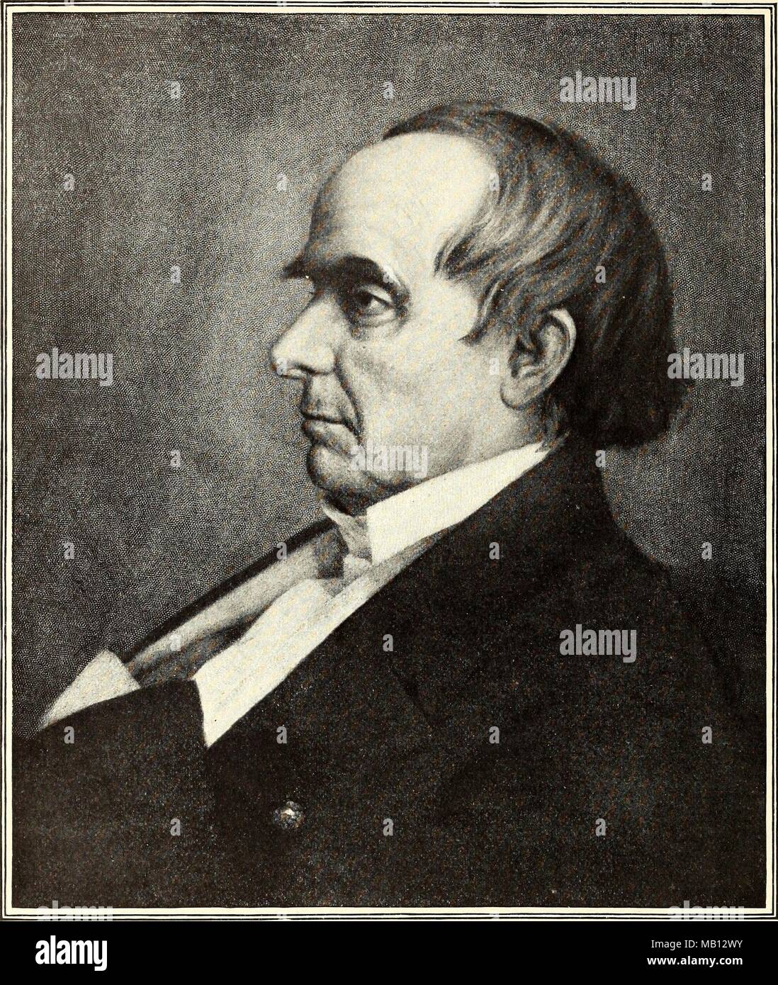 Schwarze und weiße Abbildung zeigt ein Portrait (Porträt) der amerikanischen Politiker Daniel Webster, beide in New Hampshire und Massachusetts, im Profil dargestellt, mit einem ernsten Ausdruck auf seinem Gesicht und einen Zurücktretenhaarstrich vertreten, trägt eine dunkle Jacke, mit Untertiteln 'Daniel Webster 1845, Alter 63, bemalt von Chester Harding, 'vom Magazin der Band 'McClure' durch SS (Samuel Sidney) McClure, 1893 verfasst. Mit freundlicher Genehmigung Internet Archive. () Stockfoto