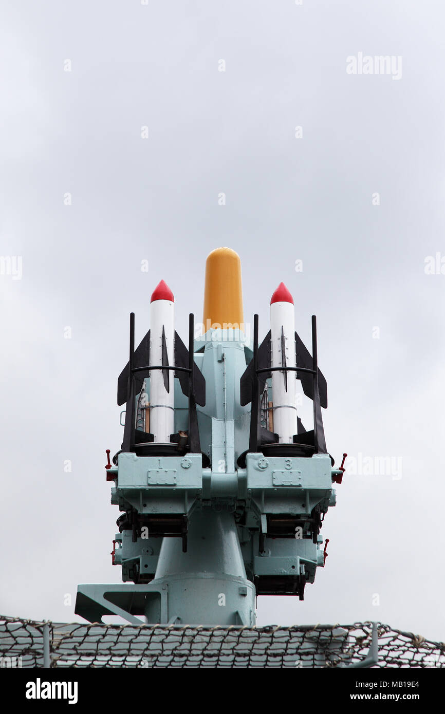 Der seeverteidigung Seacat Boden-Luft-Raketen auf eine C-Klasse Zerstörer. Stockfoto