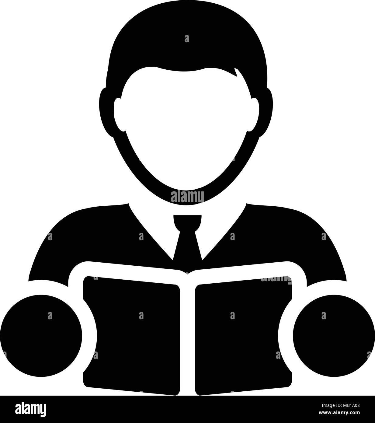 Buchen Sie Symbol Vektor mit männlichen Kursteilnehmer oder Lehrer Person Profil Avatar für Schule, Hochschule und Universität Bildung in Glyph Piktogramm Abbildung Stock Vektor