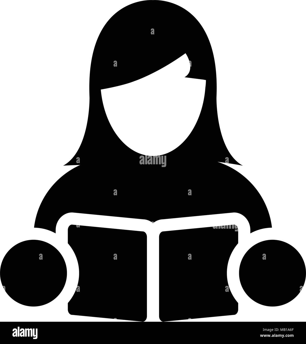 Buchen Sie Symbol Vektor mit weiblichen Kursteilnehmer oder Lehrer Person Profil Avatar für Schule, Hochschule und Universität Bildung in Glyph Piktogramm Abbildung Stock Vektor