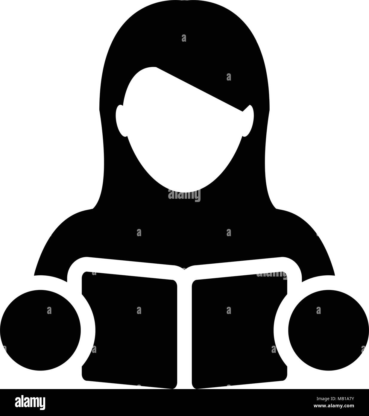 Buchen Sie Symbol Vektor mit weiblichen Kursteilnehmer oder Lehrer Person Profil Avatar für Schule, Hochschule und Universität Bildung in Glyph Piktogramm Abbildung Stock Vektor