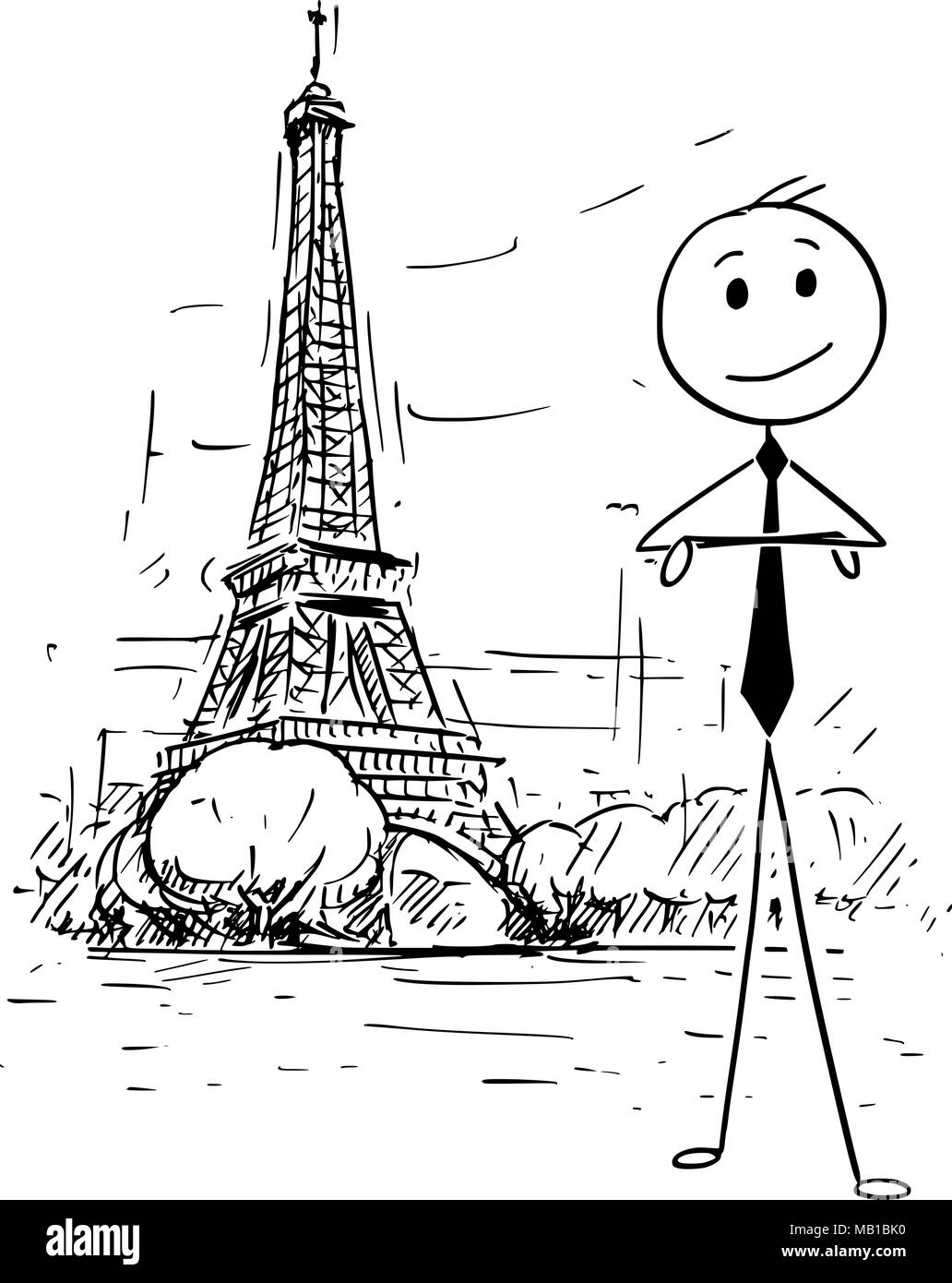 Cartoon von Geschäftsmann stand vor der Eiffelturm in Paris, Frankreich Stock Vektor