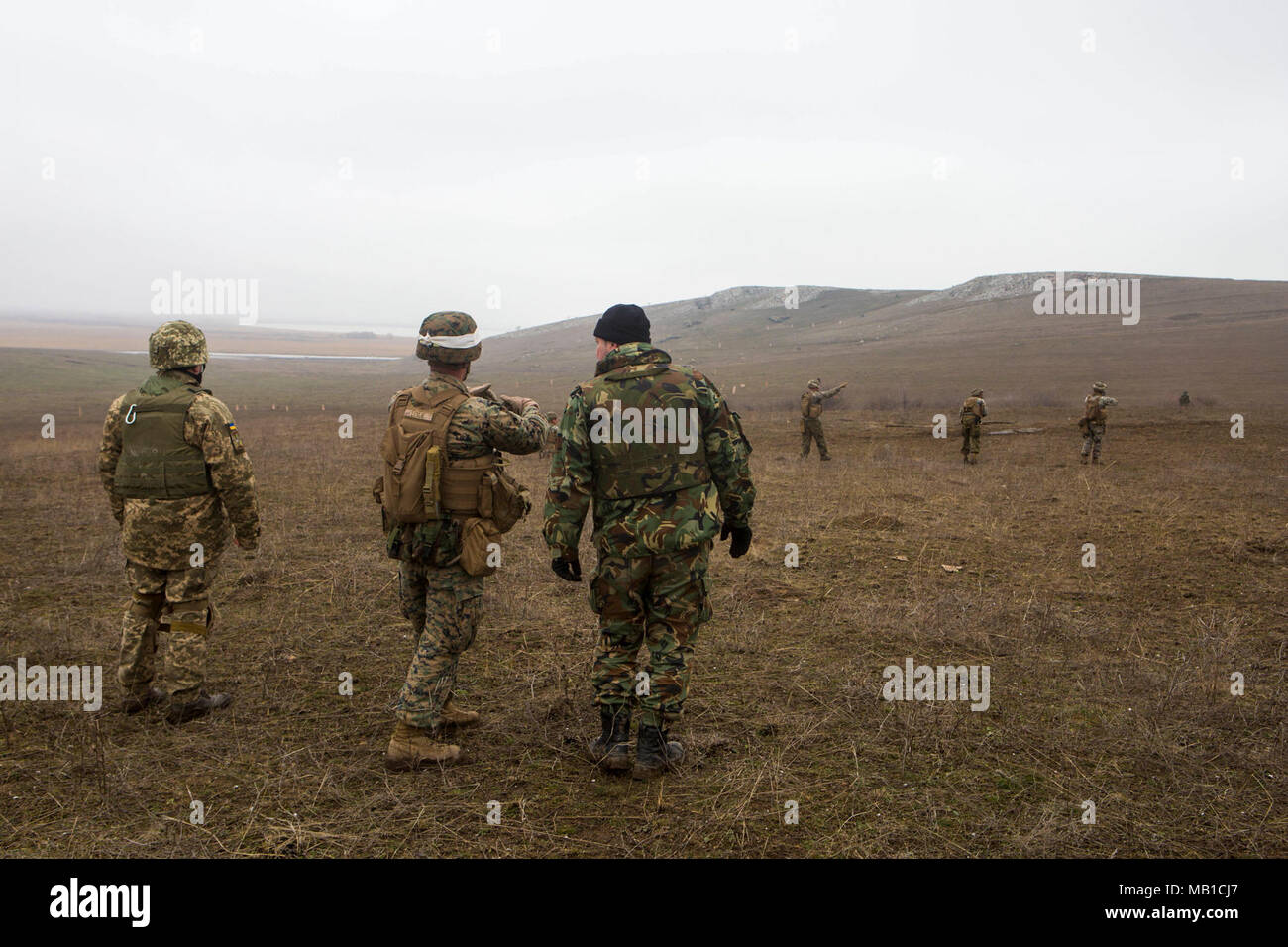 Die Partnerschaft Heiden, die in der Übung Platinum Eagle beobachten, wie US-Marines mit in der Nähe ausfindig machen und einen fiktiven Feind am Babadag, Rumänien, 24.02.16 zerstören. Schwarzes Meer die Drehkraft Teilnahme an Platinum Eagle ermöglicht die Schulung mit mehreren Partner Nationen und ist entscheidend im Umgang mit regionalen Fragen und Wahrung des Friedens in der Region Osteuropa. Stockfoto