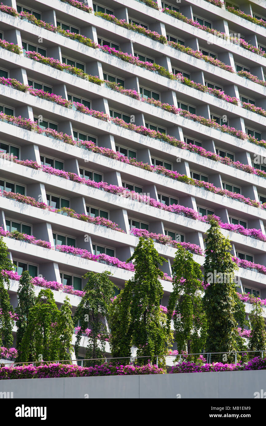 Vertikale Ansicht von rosa Bougainvilleas auf Marina Bay Sands Balkone gepflanzt, Singapur, Südostasien Stockfoto
