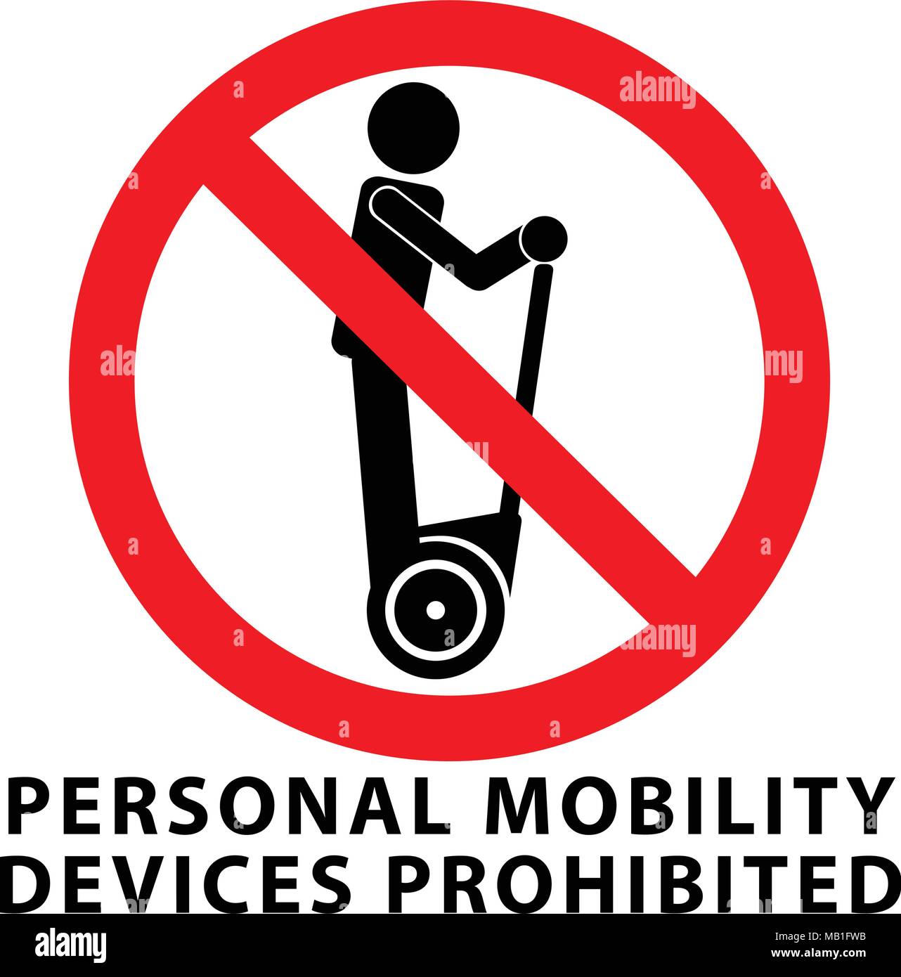 Keine persönliche Mobilität Vorrichtungen, verboten. Mann, Selbstausgleichenden Transport in rot durchgestrichenen Kreis. Stock Vektor
