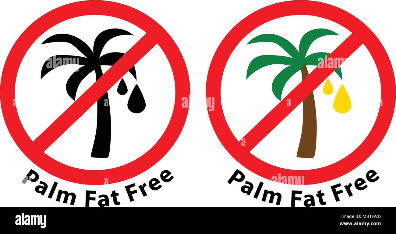 Palm Fett Frei - kein Palmöl unterzeichnen, rot durchgestrichenen Schwarz palm Symbol. Stock Vektor