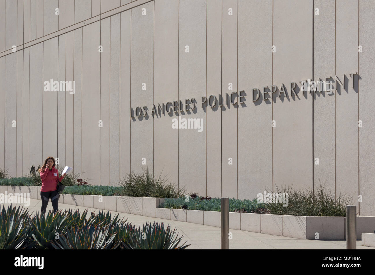 Detail der LAPD Polizei Verwaltungsgebäude (2009), Downtown Los Angeles, Kalifornien, USA Stockfoto