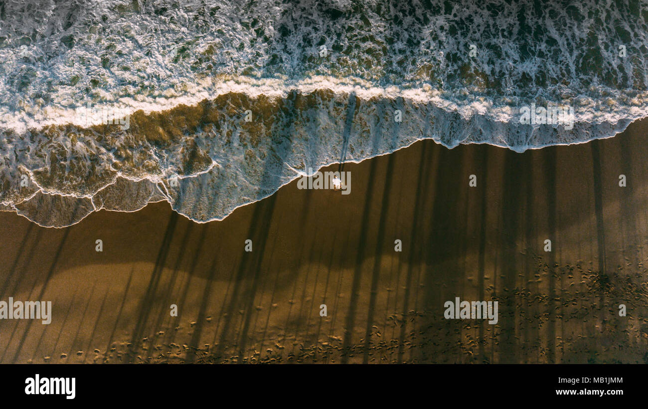 Ein Männer bleiben am Strand. Welle und Schatten Reflexion von Palmen. Dunkel Stockfoto