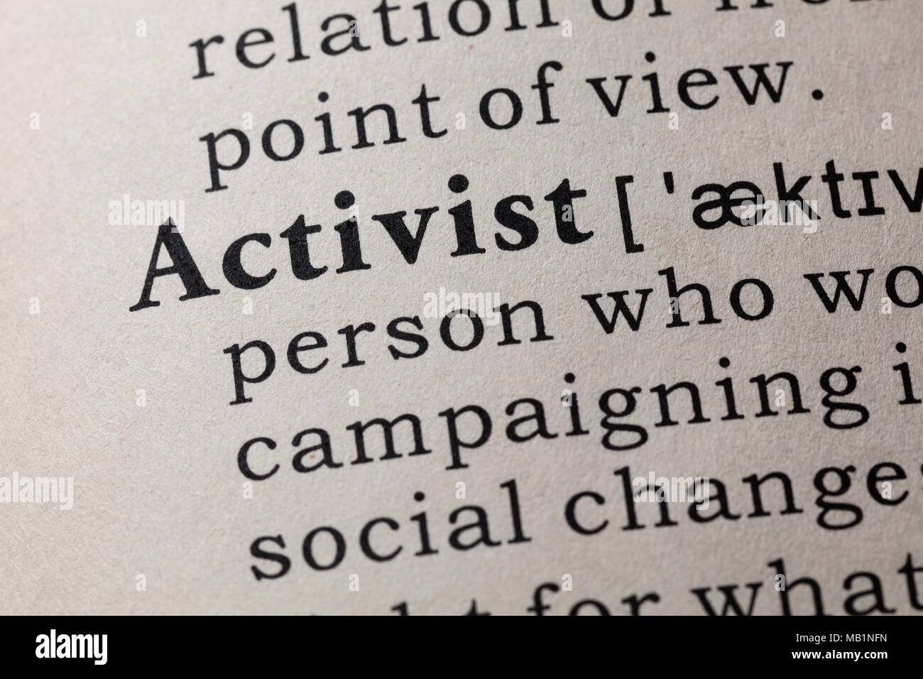 Fake Wörterbuch, Wörterbuch Definition des Wortes Aktivist. Einschließlich der wichtigsten beschreibende Wörter. Stockfoto