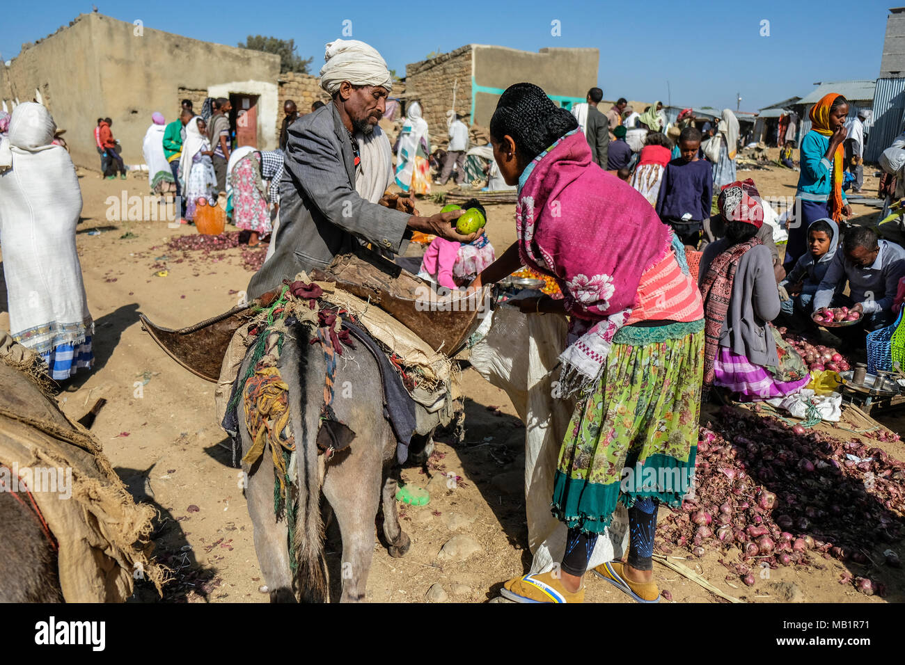Hawzien, Tigray, Äthiopien - Januar 10, 2018: Ein unbekannter Mann mit seinem Esel verkaufen Zitronen an der Hawzien Markt in Hawzien, Tigray. Äthiopien. Stockfoto