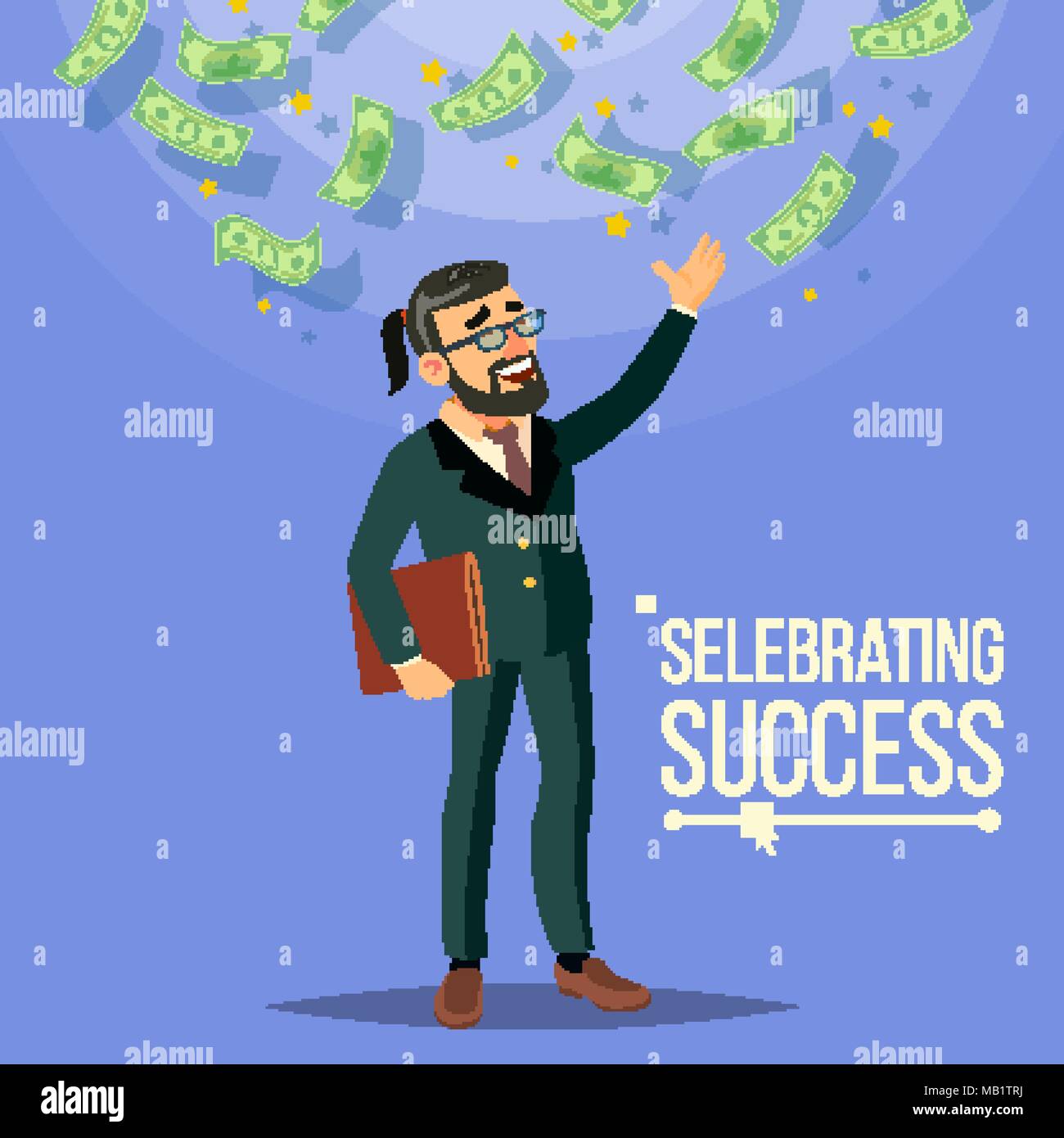 Happy Geschäftsmann Vektor. Fallende Geld. Cash Regen. Flache Zeichentrickfigur Abbildung Stock Vektor