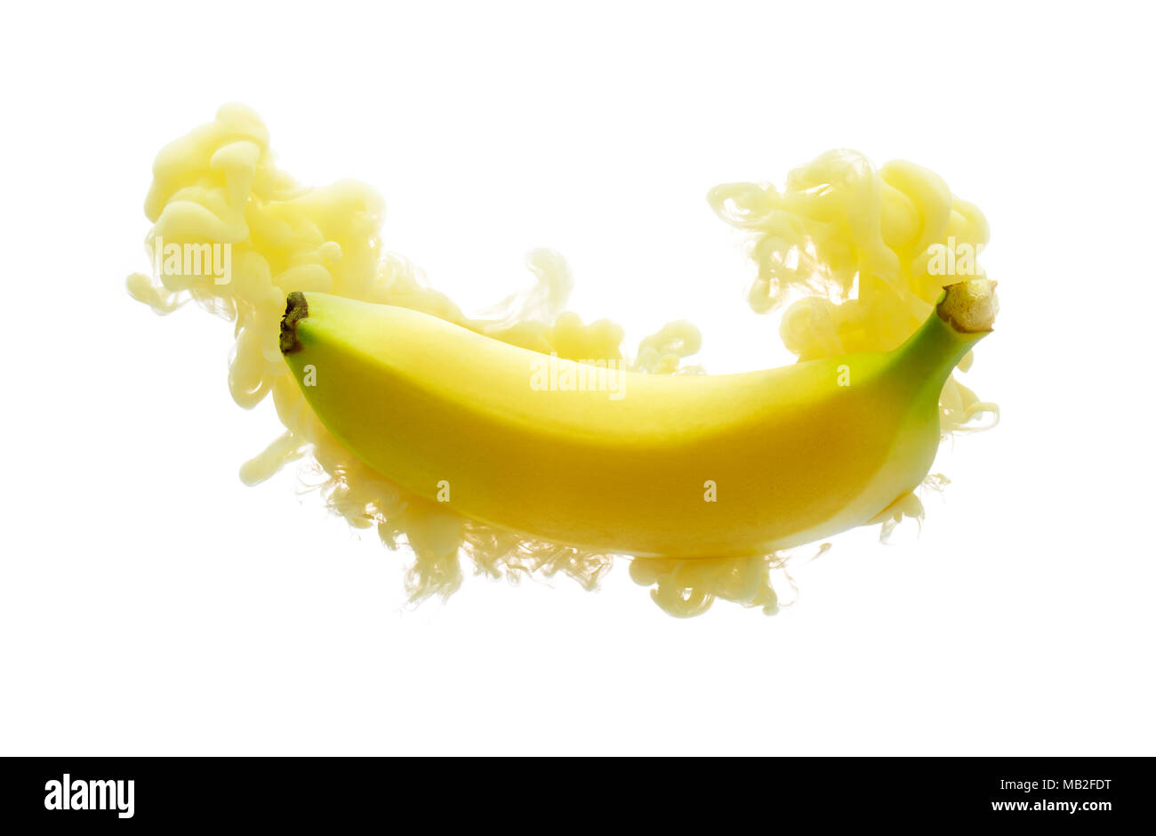 Banane auf Tinte auf weißem Hintergrund Stockfoto