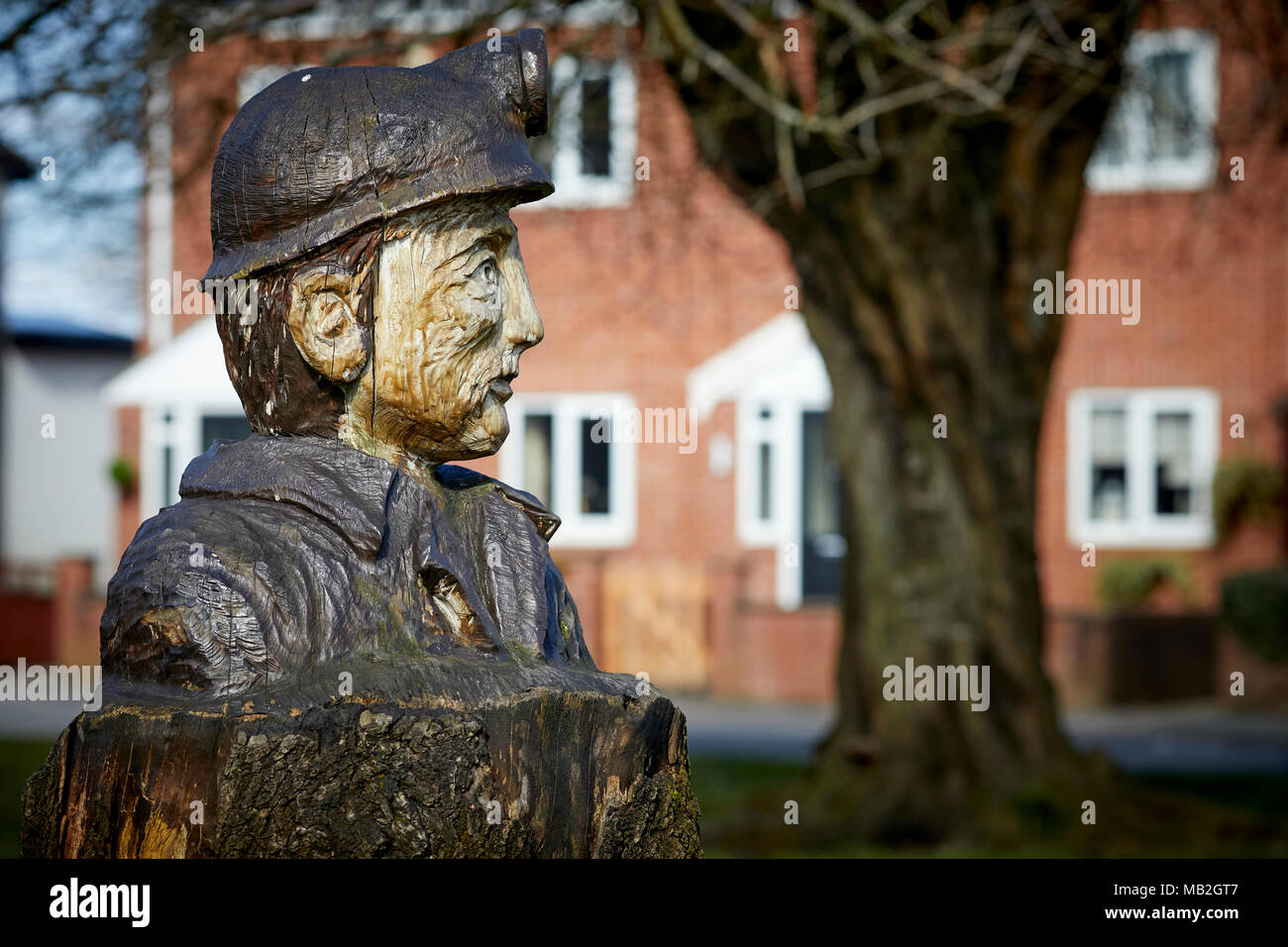 Geschichte des Bergbaus Mosley gemeinsamen Dorf in der Nähe von Leigh, Kettensäge Bildhauer Andy Burgess Miner Büste Skulptur von kranken Baum im Village Green mehr Manc Stockfoto
