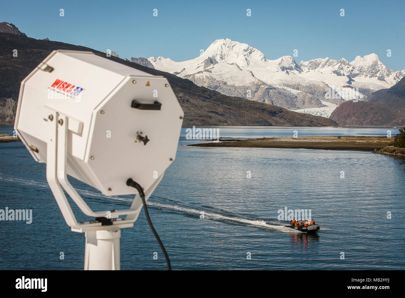 Cordillera Darwin und Entdecker, ein Sternzeichen, in Ainsworth Bucht, von Ventus Kreuzfahrtschiff, PN Alberto De Agostini, Feuerland, Patagonien, Chile Stockfoto