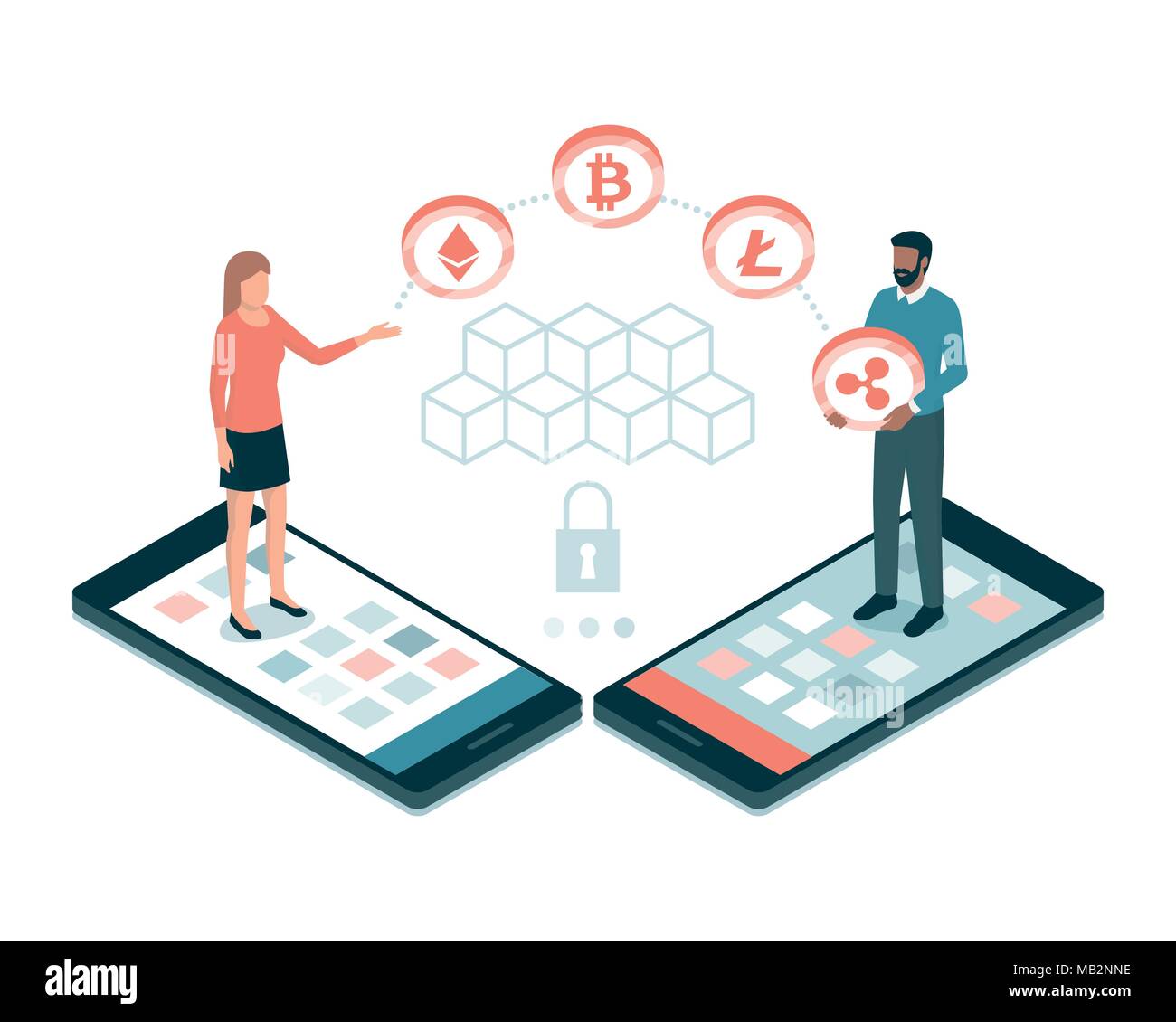 Benutzer, Zahlungen mit cryptocurrencies und blockchains online, Finanzen und Technologie Konzept Stock Vektor