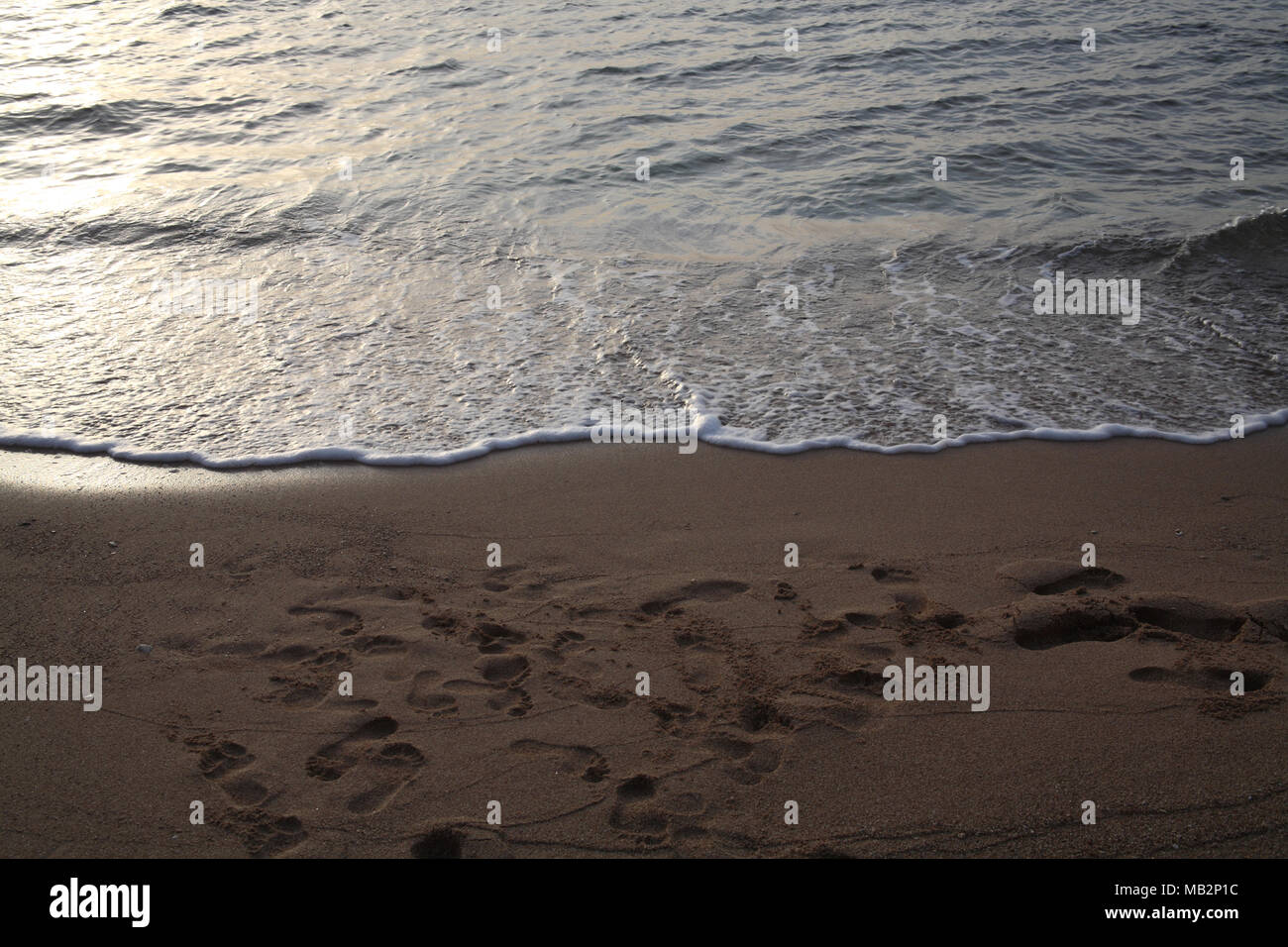 Spuren im Sand, Meer, sunrise Stockfoto