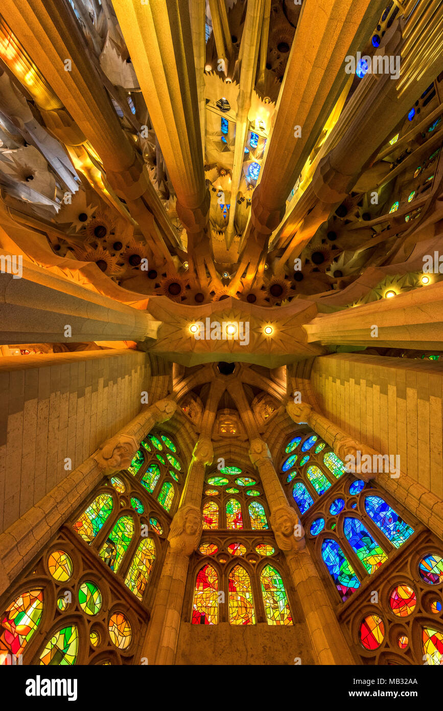 Low Angle View von der Decke, die Sagrada Familia, Barcelona, Katalonien, Spanien Stockfoto