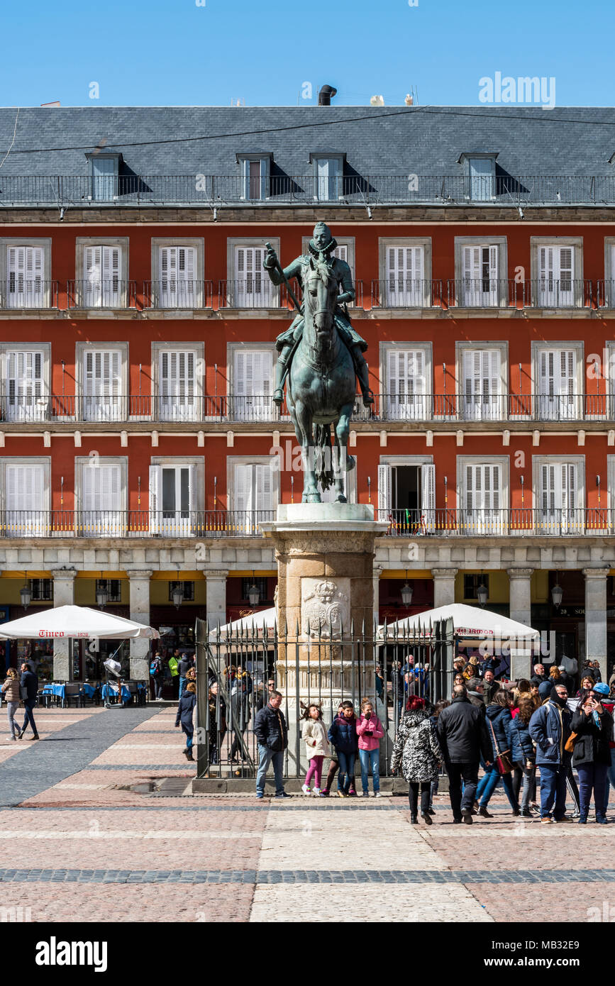 Felipe III Reiterstandbild, Plaza Mayor, Madrid, Gemeinschaft von Madrid, Spanien Stockfoto